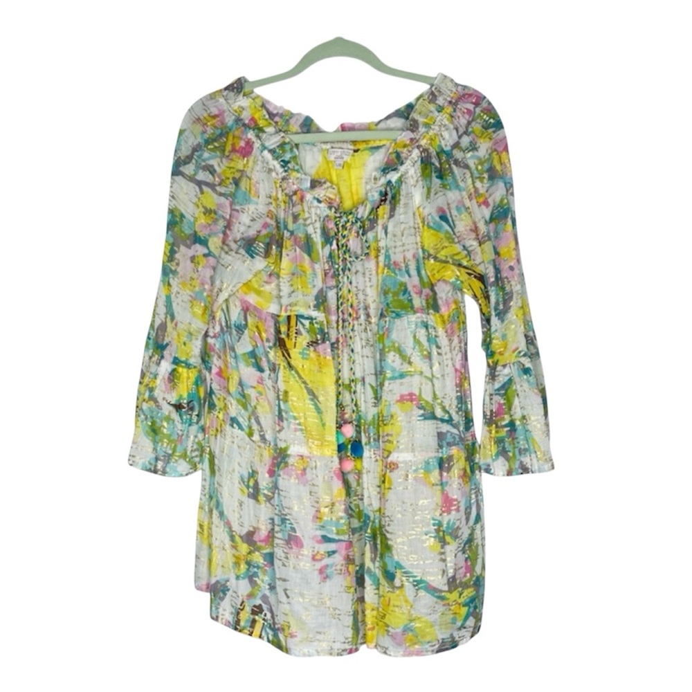 Sunny Studio Paris Boho floral metallic print top Pom Pom detailing Size L/XL